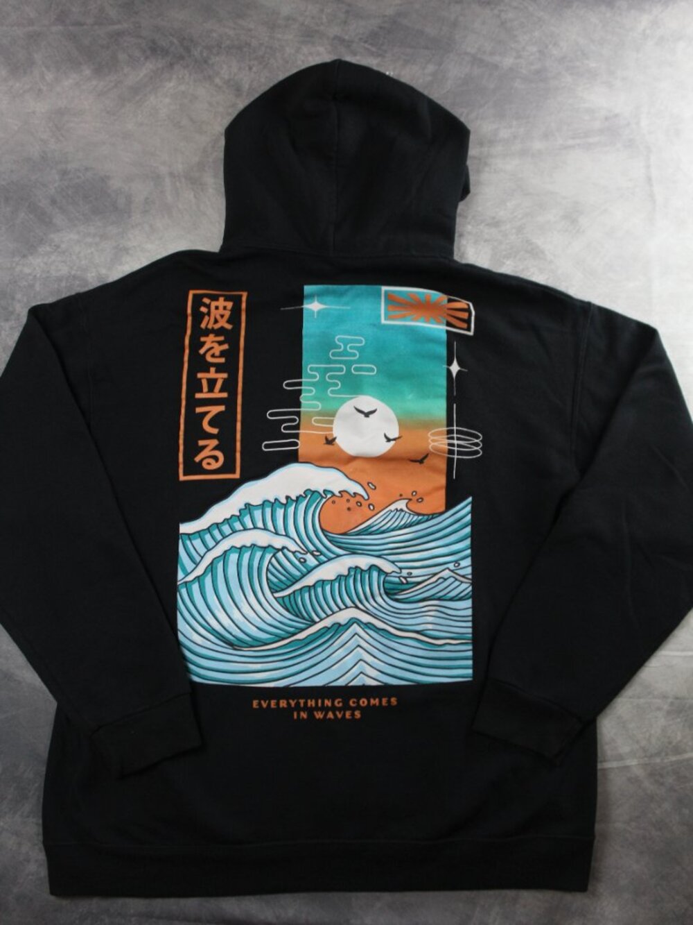 Bowery Supply Co Black Japanese Wave Graphic Hoodie "Everything Comes In Waves"